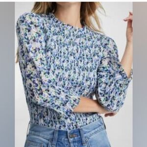 Veronica Beard Blue Floral Smocked Blouse